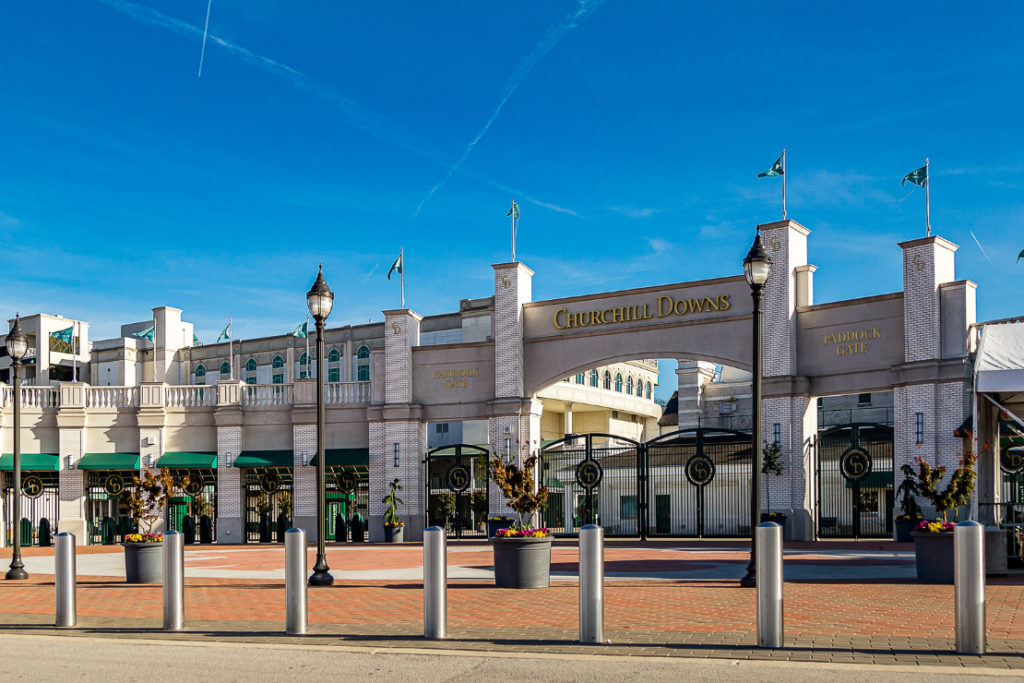 Stainless steel bollards protect the entry plaza outside Churchill Downs in Kentucky.